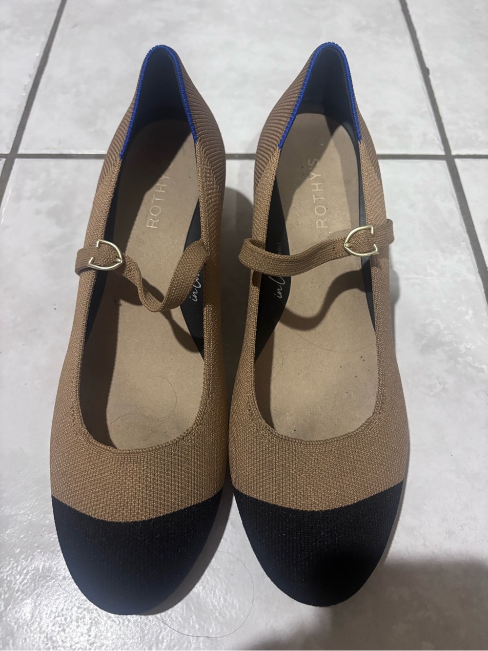 Rothy's Two-Tone Brown Mary Jane Flats with Black Cap
